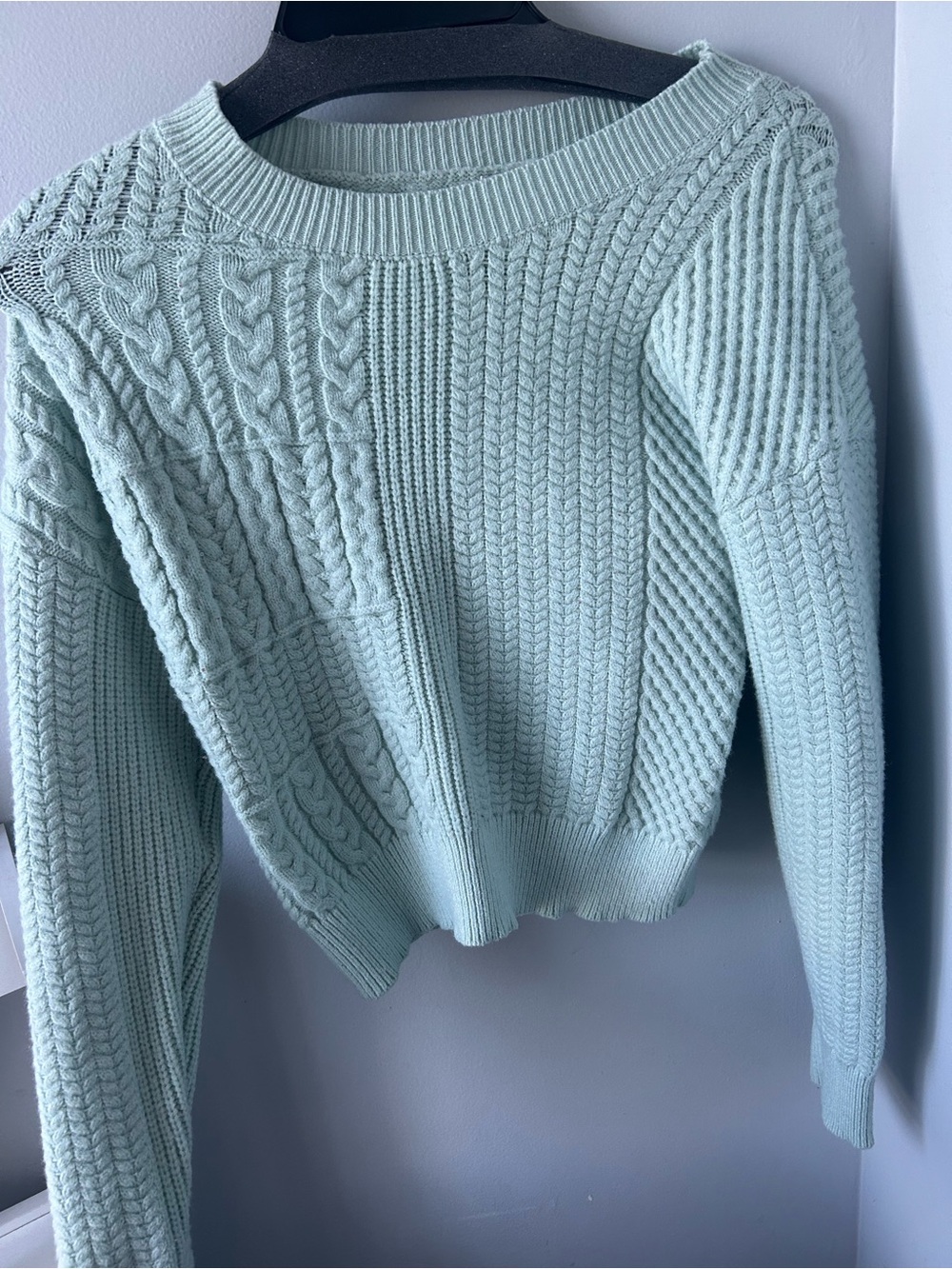 Pink Rose Mint Cable-Knit Crewneck Sweater